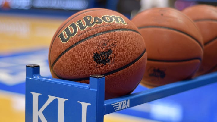 Dec 1, 2018; Lawrence, KS, USA; A general view of basketballs on court as the teams warm up before the game between the Kansas Jayhawks and Stanford Cardinal at Allen Fieldhouse. Mandatory Credit: Denny Medley-Imagn Images