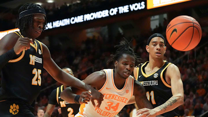 The ball goes out of bounds before Missouri's Mark Mitchell (25), Trent Pierce (11) and Tennessee's Gavin Paull (24) during an NCAA college basketball game on Wednesday, Feb. 5, 2025, in Knoxville, Tenn. The ball goes out of bounds before Missouri's Mark Mitchell (25), Trent Pierce (11) and Tennessee's Gavin Paull (24) during an NCAA college basketball game on Wednesday, Feb. 5, 2025, in Knoxville, Tenn.