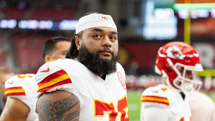 Aug 9, 2025; Glendale, Arizona, USA; Kansas City Chiefs offensive tackle Esa Pole (79) against the Arizona Cardinals during a preseason NFL game at State Farm Stadium. Mandatory Credit: Mark J. Rebilas-Imagn Images Aug 9, 2025; Glendale, Arizona, USA; Kansas City Chiefs offensive tackle Esa Pole (79) against the Arizona Cardinals during a preseason NFL game at State Farm Stadium. Mandatory Credit: Mark J. Rebilas-Imagn Images