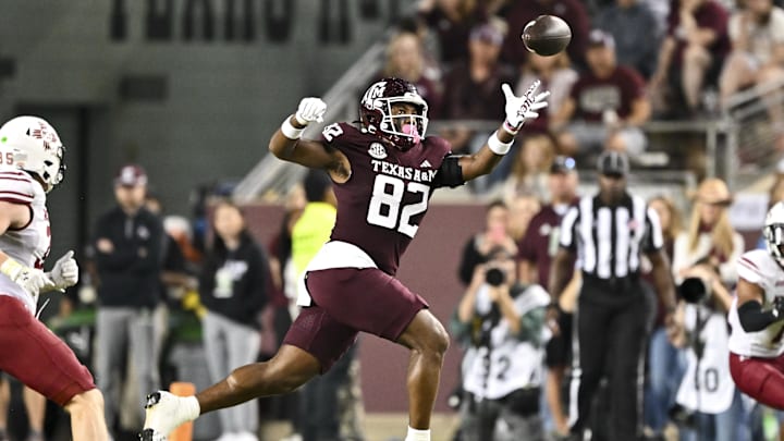 Nov 16, 2024; College Station, Texas, USA; Texas A&M Aggies tight end Shane Calhoun (82) runs a route during the second half against the New Mexico State Aggies at Kyle Field. Mandatory Credit: Maria Lysaker-Imagn Images Nov 16, 2024; College Station, Texas, USA; Texas A&M Aggies tight end Shane Calhoun (82) runs a route during the second half against the New Mexico State Aggies at Kyle Field. Mandatory Credit: Maria Lysaker-Imagn Images
