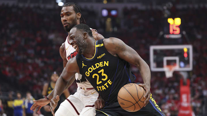 May 4, 2025; Houston, Texas, USA; Golden State Warriors forward Draymond Green (23) drives with the ball past Houston Rockets forward Tari Eason (17) to score a basket during the second quarter of game seven of first round for the 2025 NBA Playoffs at Toyota Center. Mandatory Credit: Troy Taormina-Imagn Images May 4, 2025; Houston, Texas, USA; Golden State Warriors forward Draymond Green (23) drives with the ball past Houston Rockets forward Tari Eason (17) to score a basket during the second quarter of game seven of first round for the 2025 NBA Playoffs at Toyota Center. Mandatory Credit: Troy Taormina-Imagn Images