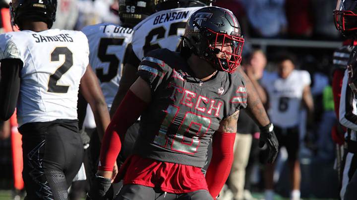 Nov 9, 2024; Lubbock, Texas, USA; Texas Tech Red Raiders defensive back Jacob Rodriguez (10) reacts in the first half after making a tackle against the Colorado Buffalos at Jones AT&T Stadium and Cody Campbell Field. Mandatory Credit: Michael C. Johnson-Imagn Images