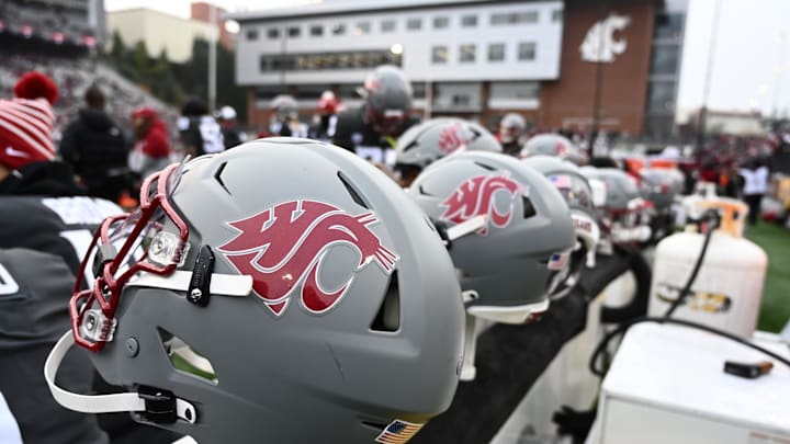 Nov 12, 2022; Pullman, Washington, USA; Washington State Cougars helmet sits during a game against the Arizona State Sun Devils in the first half at Gesa Field at Martin Stadium. Mandatory Credit: James Snook-Imagn Images