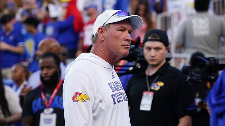 Sep 11, 2026; Lawrence, Kansas, USA; Kansas Jayhawks head coach Lance Leipold leaves the field after warm ups prior to a game against the Missouri Tigers at David Booth Kansas Memorial Stadium. Mandatory Credit: Denny Medley-Imagn Images