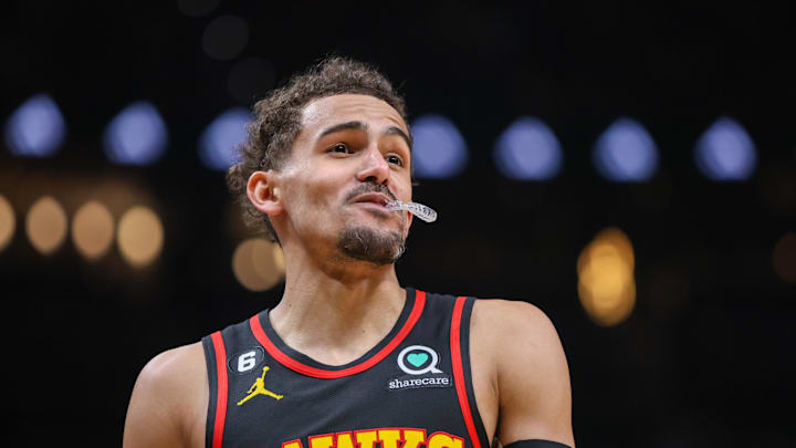 Apr 27, 2023; Atlanta, Georgia, USA; Atlanta Hawks guard Trae Young (11) in action against the