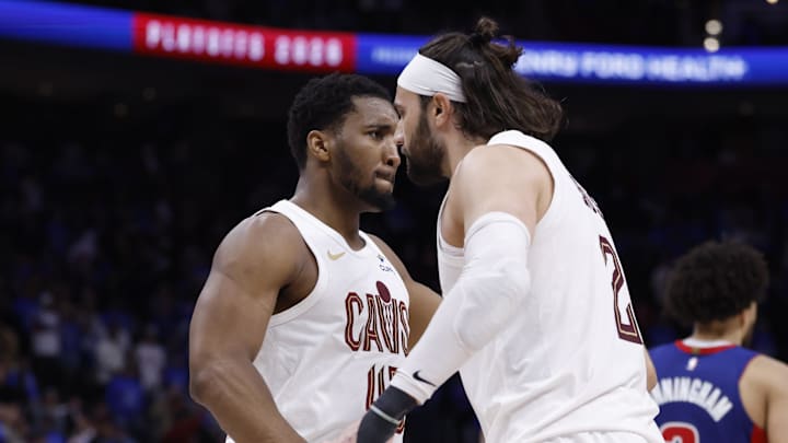 May 13, 2026; Detroit, Michigan, USA; Cleveland Cavaliers guard Donovan Mitchell (45) and guard/forward Max Strus (2) celebrates in overtime against the Detroit Pistons during game five of the second round of the 2026 NBA Playoffs at Little Caesars Arena. Mandatory Credit: Rick Osentoski-Imagn Images May 13, 2026; Detroit, Michigan, USA; Cleveland Cavaliers guard Donovan Mitchell (45) and guard/forward Max Strus (2) celebrates in overtime against the Detroit Pistons during game five of the second round of the 2026 NBA Playoffs at Little Caesars Arena. Mandatory Credit: Rick Osentoski-Imagn Images