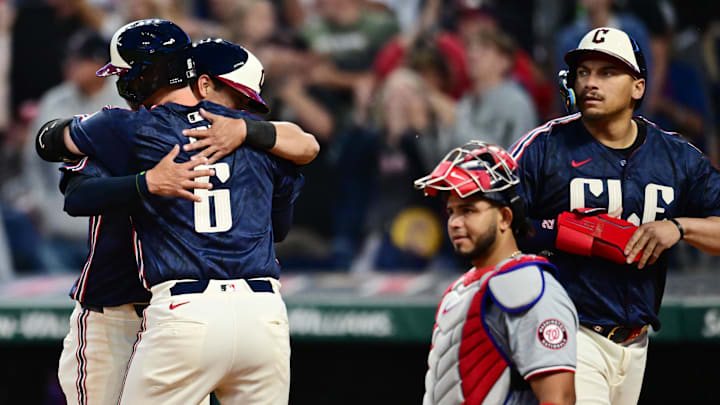 May 31, 2024; Cleveland, Ohio, USA; Cleveland Guardians catcher David Fry (6) hugs center fielder Tyler Freeman (2) after Fry’s three run home run, while first baseman Josh Naylor, right, and Washington Nationals catcher Keibert Ruiz (20) look on during the seventh inning at Progressive Field. Mandatory Credit: Ken Blaze-USA TODAY Sports May 31, 2024; Cleveland, Ohio, USA; Cleveland Guardians catcher David Fry (6) hugs center fielder Tyler Freeman (2) after Fry’s three run home run, while first baseman Josh Naylor, right, and Washington Nationals catcher Keibert Ruiz (20) look on during the seventh inning at Progressive Field. Mandatory Credit: Ken Blaze-USA TODAY Sports