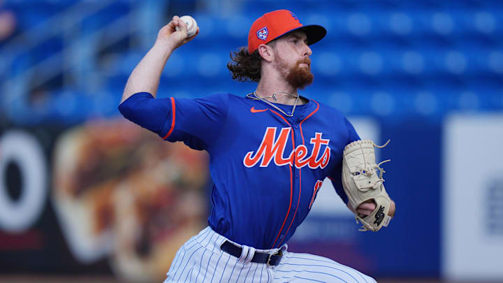 Mar 15, 2024; Port St. Lucie, Florida, USA; New York Mets pitcher Nolan McLean participates in the Spring Breakout game in the fourth inning against the Washington Nationals at Clover Park. Mandatory Credit: Jim Rassol-Imagn Images