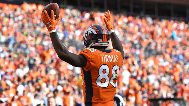 Sep 9, 2018; Denver, CO, USA; Denver Broncos wide receiver Demaryius Thomas (88) looks for a touchdown call by the officials in the fourth quarter against the Seattle Seahawks at Broncos Stadium at Mile High. Sep 9, 2018; Denver, CO, USA; Denver Broncos wide receiver Demaryius Thomas (88) looks for a touchdown call by the officials in the fourth quarter against the Seattle Seahawks at Broncos Stadium at Mile High.