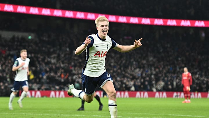Lucas Bergvall celebrates his goal against Liverpool 