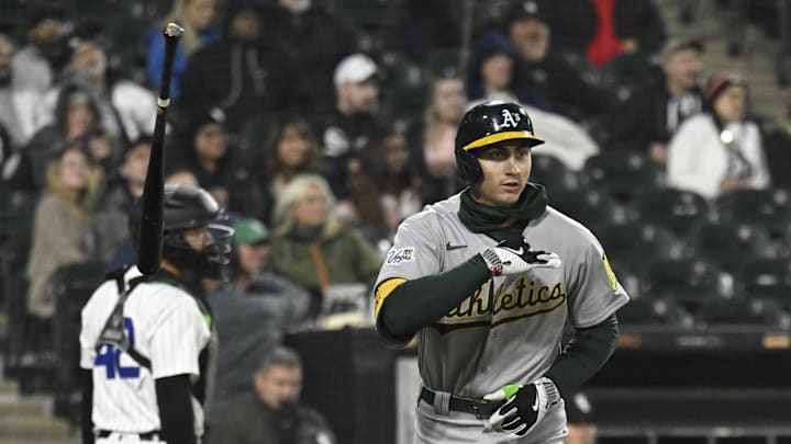 Apr 15, 2025; Chicago, Illinois, USA; Athletics first baseman Tyler Soderstrom (21) flips his bat after he hits a three run home run against the Chicago White Sox during the sixth inning at Rate Field. “All players wore #42 for Jackie Robinson Day” Mandatory Credit: Matt Marton-Imagn Images. Apr 15, 2025; Chicago, Illinois, USA; Athletics first baseman Tyler Soderstrom (21) flips his bat after he hits a three run home run against the Chicago White Sox during the sixth inning at Rate Field. “All players wore #42 for Jackie Robinson Day” Mandatory Credit: Matt Marton-Imagn Images.