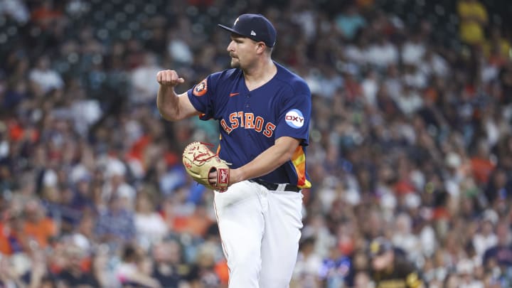 Sep 10, 2023; Houston, Texas, USA; Houston Astros relief pitcher Joel Kuhnel (60) pitches during the eighth inning against the San Diego Padres at Minute Maid Park. Sep 10, 2023; Houston, Texas, USA; Houston Astros relief pitcher Joel Kuhnel (60) pitches during the eighth inning against the San Diego Padres at Minute Maid Park.