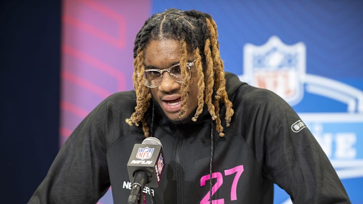 Feb 27, 2025; Indianapolis, IN, USA; East Carolina defensive back Shavon Revel (DB27) during the 2025 NFL Combine at Lucas Oil Stadium. Mandatory Credit: Tanner Pearson-Imagn Images