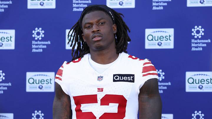 Jun 9, 2026; East Rutherford, NJ, USA; New York Giants linebacker Arvell Reese (52) answers questions from the press after the minicamp activities at Quest Diagnostics Center. Mandatory Credit: Thomas Salus-Imagn Images