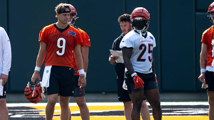 Cincinnati Bengals quarterback Joe Burrow (9) looks on at Bengals Mini Camp inside Paycor Stadium in Cincinnati on Thursday, June 12, 2025.