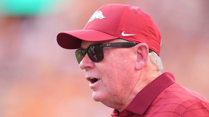 Arkansas interim coach Bobby Petrino during the NCAA college football game against Tennessee on Oct. 11, 2025, in Knoxville, Tennessee.