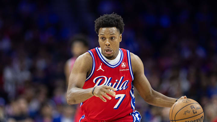 Apr 28, 2024; Philadelphia, Pennsylvania, USA; Philadelphia 76ers guard Kyle Lowry (7) dribbles the ball against the New York Knicks during the first half of game four of the first round in the 2024 NBA playoffs at Wells Fargo Center. Mandatory Credit: Bill Streicher-USA TODAY Sports
