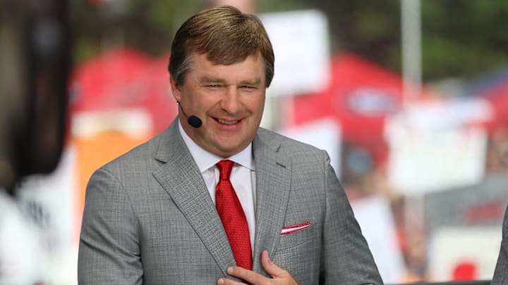 Georgia Head Coach Kirby Smart at ESPN College Game Day before the start of an NCAA football game between Georgia and Notre Dame in Athens, Ga., on Saturday, Sept. 21, 2019. [Photo/Ken Ward - Contributor, Athens Banner-Herald]