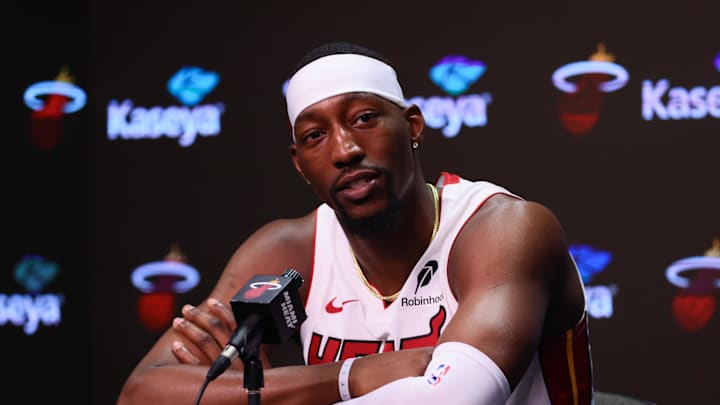 Sep 30, 2024; Miami, FL, USA; Miami Heat center Bam Adebayo (13) talks to reporters during media day at Kaseya Center Mandatory Credit: Sam Navarro-Imagn Images