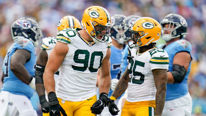 Green Bay Packers defensive end Lukas Van Ness (90) celebrates sacking Tennessee Titans quarterback Will Levis with cornerback Keisean Nixon (25) during the second quarter at Nissan Stadium in Nashville, Tenn., Sunday, Sept. 22, 2024.