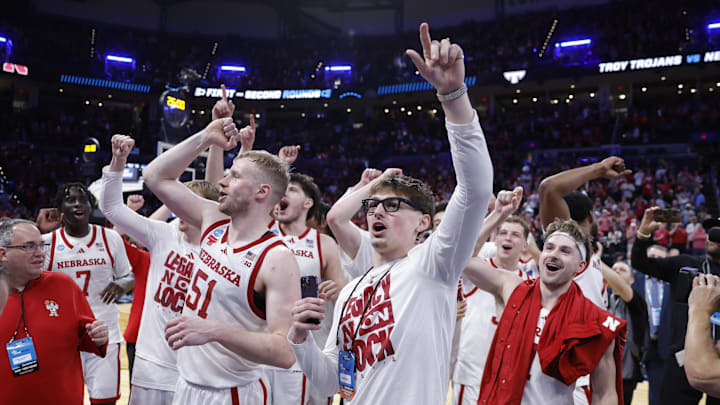Mar 19, 2026; Oklahoma City, OK, USA; The Nebraska Cornhuskers celebrate after defeating the Troy Trojans during a first round game of the men's 2026 NCAA Tournament at Paycom Center. Mandatory Credit: Alonzo Adams-Imagn Images