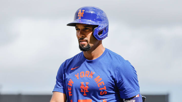 Feb 17, 2026; Port St. Lucie, FL, USA;  New York Mets third baseman Marcus Semien (10) walks on the field during the New York Mets spring training workouts at Clover Park. Mandatory Credit: Reinhold Matay-Imagn Images