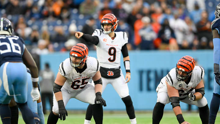 Dec 15, 2024; Nashville, Tennessee, USA;  Cincinnati Bengals quarterback Joe Burrow (9) calls out the play against the Tennessee Titans during the second half at Nissan Stadium. Mandatory Credit: Steve Roberts-Imagn Images