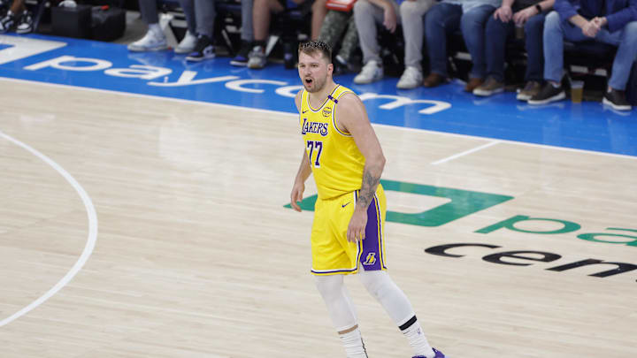 Apr 8, 2025; Oklahoma City, Oklahoma, USA; Los Angeles Lakers guard Luka Doncic (77) reacts after a play against the Oklahoma City Thunder during the second half at Paycom Center. Mandatory Credit: Alonzo Adams-Imagn Images Apr 8, 2025; Oklahoma City, Oklahoma, USA; Los Angeles Lakers guard Luka Doncic (77) reacts after a play against the Oklahoma City Thunder during the second half at Paycom Center. Mandatory Credit: Alonzo Adams-Imagn Images