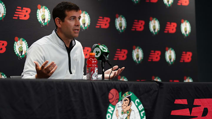 Oct 2, 2023; Boston, Celtics, USA: Boston Celtics president of basketball operations Brad Stevens talks during Boston Celtics Media Day. Mandatory Credit: David Butler II-Imagn Images