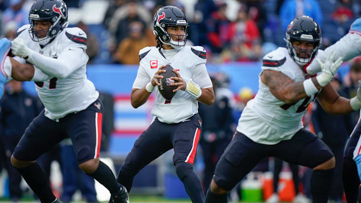 Houston Texans quarterback C.J. Stroud (7) looks down field during the first quarter against the Tennessee Titans at Nissan Stadium in Nashville, Tenn., Sunday, Jan. 5, 2025.