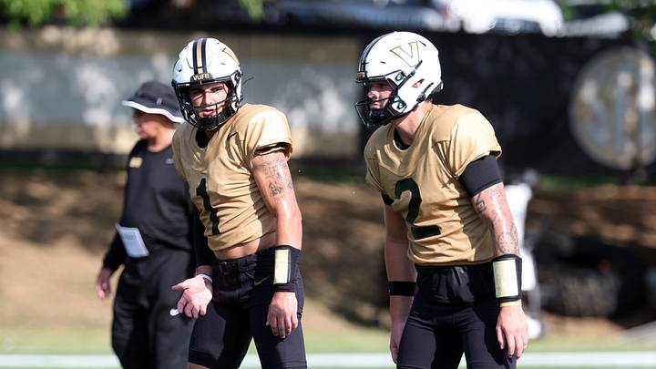 Quarterbacks Blaze Berlowitz (1) and Jared Curtis (2) participate in Vanderbilt’s football practice Thursday, August 13, 2026 at McGugin Practice Field. Quarterbacks Blaze Berlowitz (1) and Jared Curtis (2) participate in Vanderbilt’s football practice Thursday, August 13, 2026 at McGugin Practice Field.