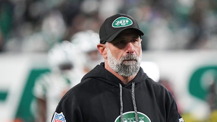 Oct 14, 2024; East Rutherford, New Jersey, USA; New York Jets interim head coach Jeff Ulbrich watches warm ups before the game against the Buffalo Bills at MetLife Stadium. Mandatory Credit: Lucas Boland-Imagn Images