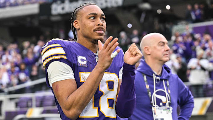 Jan 4, 2026; Minneapolis, Minnesota, USA; Minnesota Vikings wide receiver Justin Jefferson (18) walks off the field after the game against the Green Bay Packers at U.S. Bank Stadium. Mandatory Credit: Jeffrey Becker-Imagn Images