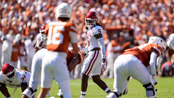 Oklahoma Sooners linebacker Kendal Daniels lines up in the first half of the Red River Rivalry college football game between the Sooners and the Texas Longhorns at the Cotton Bowl Stadium in Dallas, Texas, Saturday, Oct. 11, 2025.