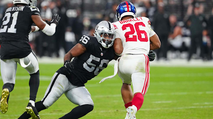 Nov 5, 2023; Paradise, Nevada, USA; Las Vegas Raiders linebacker Amari Burney (56) tackles New York