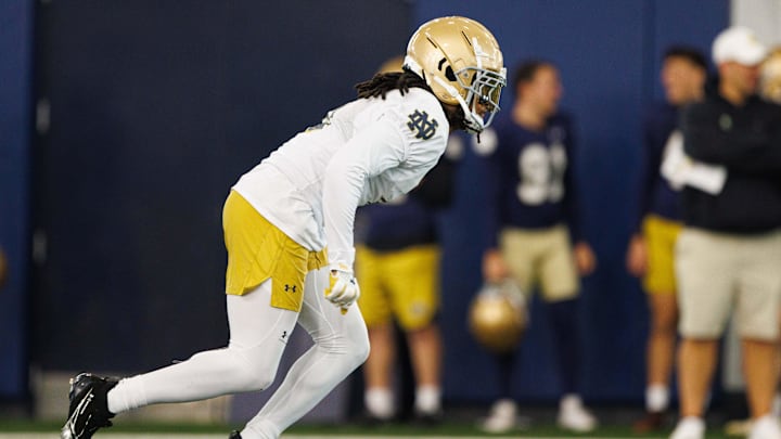 Notre Dame safety Xavier Watts (0) participates in a drill during a Notre Dame football practice at Irish Athletic Center on Sunday, Jan. 5, 2025, in South Bend. Notre Dame safety Xavier Watts (0) participates in a drill during a Notre Dame football practice at Irish Athletic Center on Sunday, Jan. 5, 2025, in South Bend.
