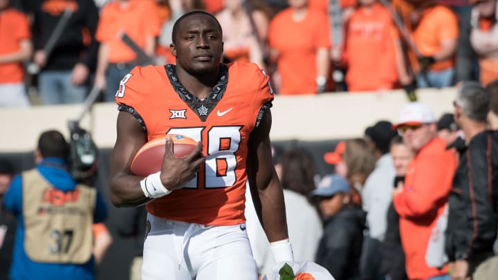 Nov 25, 2017; Stillwater, OK, USA; Oklahoma State Cowboys wide receiver James Washington (28) during senior day prior to the game against the Kansas Jayhawks at Boone Pickens Stadium. Mandatory Credit: Rob Ferguson-USA TODAY Sports