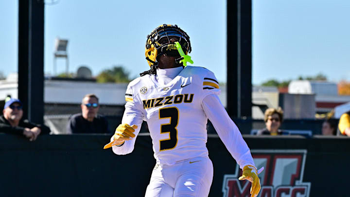 Oct 12, 2024; Amherst, Massachusetts, USA; Missouri Tigers wide receiver Luther Burden III (3) warms up before a game against the Massachusetts Minutemen at Warren McGuirk Alumni Stadium. Mandatory Credit: Eric Canha-Imagn Images