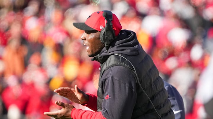 Dec 21, 2024; Kansas City, Missouri, USA; Houston Texans head coach DeMeco Ryans reacts to play against the Kansas City Chiefs during the first half at GEHA Field at Arrowhead Stadium. Mandatory Credit: Denny Medley-Imagn Images