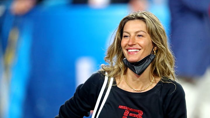 Gisele Bundchen celebrates after the Tampa Bay Buccaneers beat the Kansas City Chiefs in Super Bowl LV at Raymond James Stadium.  