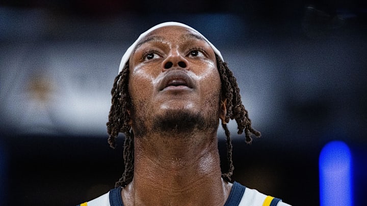 Feb 1, 2025; Indianapolis, Indiana, USA; Indiana Pacers center Myles Turner (33) reacts in the second half against the Atlanta Hawks at Gainbridge Fieldhouse. Mandatory Credit: Trevor Ruszkowski-Imagn Images