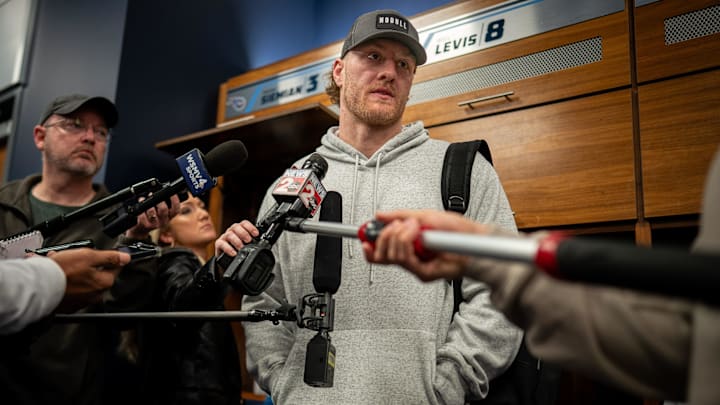 Tennessee Titans quarterback Will Levis gives an interview as the team cleans out their locker room at Ascension Saint Thomas Sports Park in Nashville, Tenn., Monday, Jan. 6, 2025.