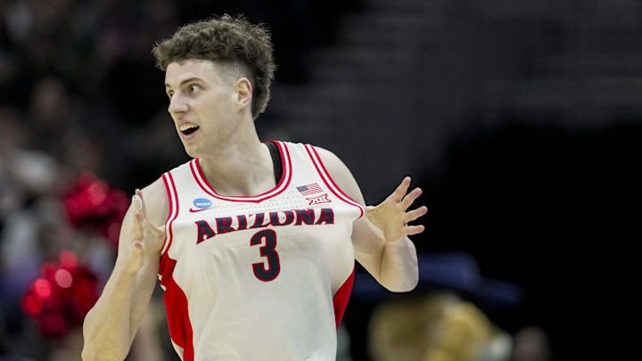 Mar 23, 2025; Seattle, WA, USA;  Arizona Wildcats guard Anthony Dell'Orso (3) reacts against the Oregon Ducks in the second half at Climate Pledge Arena. Mandatory Credit: Stephen Brashear-Imagn Images