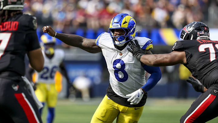 Sep 7, 2025; Inglewood, California, USA; Los Angeles Rams linebacker Jared Verse (8) pressures Houston Texans quarterback C.J. Stroud (7) during the fourth quarter at SoFi Stadium. Mandatory Credit: Kiyoshi Mio-Imagn Images Sep 7, 2025; Inglewood, California, USA; Los Angeles Rams linebacker Jared Verse (8) pressures Houston Texans quarterback C.J. Stroud (7) during the fourth quarter at SoFi Stadium. Mandatory Credit: Kiyoshi Mio-Imagn Images