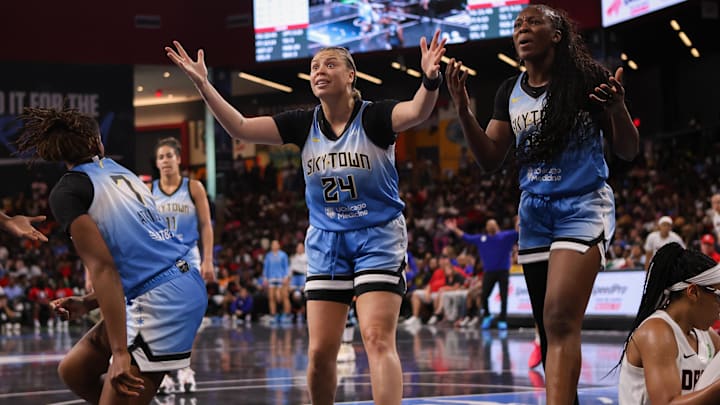 Jun 22, 2025; College Park, Georgia, USA; Chicago Sky guard Rachel Banham (24) and forward Michaela Onyenwere (12) react to a foul call against the Atlanta Dream in the third quarter at Gateway Center Arena at College Park. Mandatory Credit: Brett Davis-Imagn Images