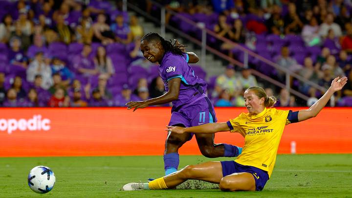 Aug 29, 2026; Orlando, Florida, USA; Utah Royals defender Kate Del Fava (8) attempts to block a shot by Orlando Pride forward Barbra Banda (11) inthe first half at Inter&Co Stadium. Mandatory Credit: Russell Lansford-Imagn Images Aug 29, 2026; Orlando, Florida, USA; Utah Royals defender Kate Del Fava (8) attempts to block a shot by Orlando Pride forward Barbra Banda (11) inthe first half at Inter&Co Stadium. Mandatory Credit: Russell Lansford-Imagn Images