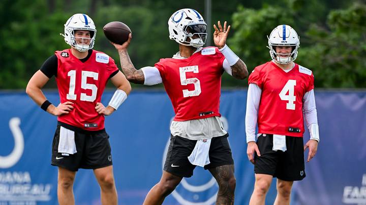Indianapolis Colts quarterback Anthony Richardson Sr. (5) throws a pass during a drill during minicamp at Indiana Farm Bureau Football Center. Indianapolis Colts quarterback Anthony Richardson Sr. (5) throws a pass during a drill during minicamp at Indiana Farm Bureau Football Center.