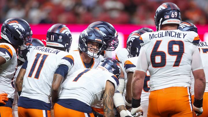 Aug 14, 2026; Atlanta, Georgia, USA; Denver Broncos quarterback Jarrett Stidham (8) in the huddle against the Atlanta Falcons in the first quater at Mercedes-Benz Stadium. Aug 14, 2026; Atlanta, Georgia, USA; Denver Broncos quarterback Jarrett Stidham (8) in the huddle against the Atlanta Falcons in the first quater at Mercedes-Benz Stadium.