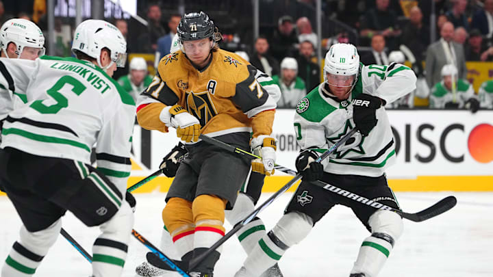 May 3, 2024; Las Vegas, Nevada, USA; Dallas Stars center Ty Dellandrea (10) ties up the stick of