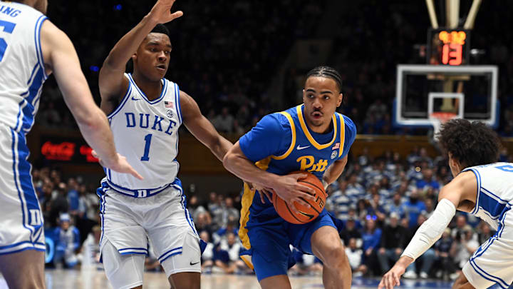 Jan 20, 2024; Durham, North Carolina, USA; Pittsburgh Panthers guard Ishmael Leggett (5) drives to